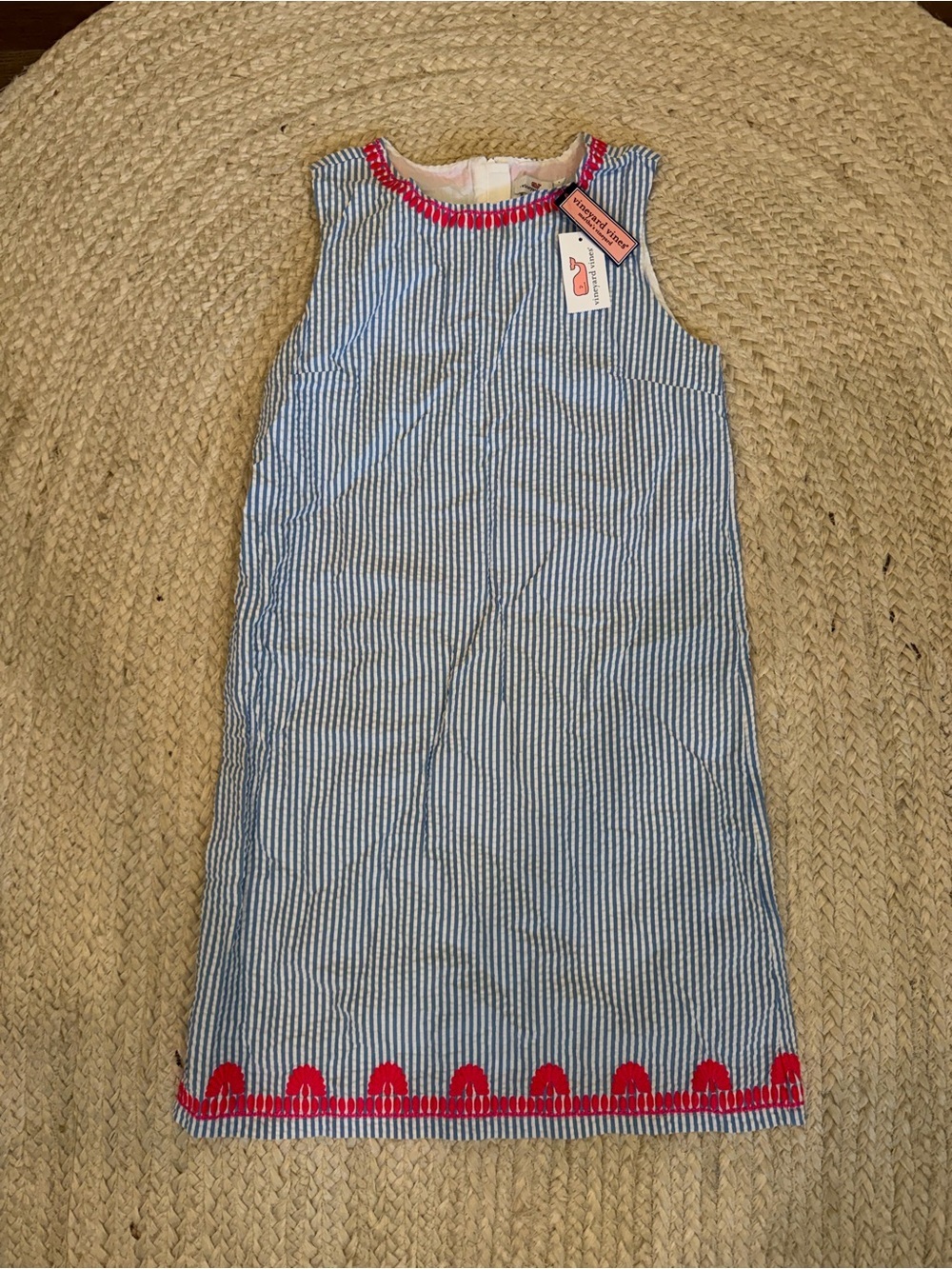 Vineyard Vines Blue and White Striped Seersucker Dress with Red Trim